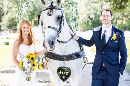 A beautiful picture of our carriage horse Joy with a beautiful bride and groom at Plantation Oaks Farm in Callahan, FL. Pic by the talented Richard Fleming Photography.