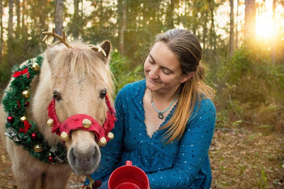 Nicole and Brownie dressed as a reindeer pony at a photoshoot in Middleburg, FL. Photo by Elizabeth Gustafson Photography.